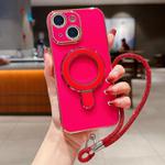 For iPhone 14 Plus Solid Color Electroplated Metal Holder Phone Case with Lanyard(Rose Red)