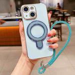 For iPhone 14 Plus Solid Color Electroplated Metal Holder Phone Case with Lanyard(Sierra Blue)