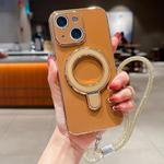 For iPhone 14 Plus Solid Color Electroplated Metal Holder Phone Case with Lanyard(Brown)