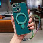 For iPhone 14 Solid Color Electroplated Metal Holder Phone Case with Lanyard(Dark Green)