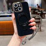 For iPhone 14 Solid Color Electroplated Metal Holder Phone Case with Lanyard(Black)