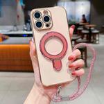 For iPhone 14 Pro Solid Color Electroplated Metal Holder Phone Case with Lanyard(Rose Pink)