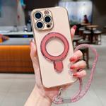 For iPhone 14 Pro Max Solid Color Electroplated Metal Holder Phone Case with Lanyard(Rose Pink)