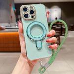 For iPhone 14 Pro Max Solid Color Electroplated Metal Holder Phone Case with Lanyard(Light Green)