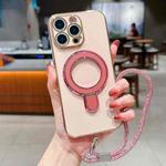 For iPhone 13 Pro Max Solid Color Electroplated Metal Holder Phone Case with Lanyard(Rose Pink)