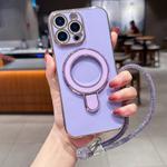 For iPhone 13 Pro Max Solid Color Electroplated Metal Holder Phone Case with Lanyard(Light Purple)