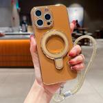For iPhone 13 Pro Max Solid Color Electroplated Metal Holder Phone Case with Lanyard(Brown)