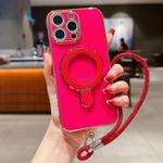 For iPhone 13 Pro Solid Color Electroplated Metal Holder Phone Case with Lanyard(Rose Red)