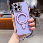 For iPhone 13 Pro Solid Color Electroplated Metal Holder Phone Case with Lanyard(Light Purple)