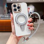 For iPhone 13 Pro Solid Color Electroplated Metal Holder Phone Case with Lanyard(Silver White)