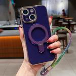 For iPhone 13 Solid Color Electroplated Metal Holder Phone Case with Lanyard(Dark Purple)