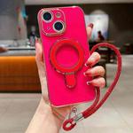 For iPhone 13 Solid Color Electroplated Metal Holder Phone Case with Lanyard(Rose Red)
