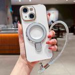 For iPhone 13 Solid Color Electroplated Metal Holder Phone Case with Lanyard(Silver White)