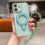 For iPhone 12 Solid Color Electroplated Metal Holder Phone Case with Lanyard(Light Green)