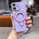 For iPhone 12 Solid Color Electroplated Metal Holder Phone Case with Lanyard(Light Purple)