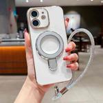 For iPhone 12 Solid Color Electroplated Metal Holder Phone Case with Lanyard(Silver White)