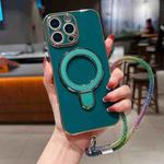 For iPhone 12 Pro Max Solid Color Electroplated Metal Holder Phone Case with Lanyard(Dark Green)