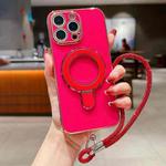 For iPhone 12 Pro Max Solid Color Electroplated Metal Holder Phone Case with Lanyard(Rose Red)