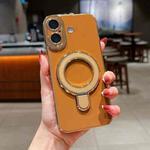 For iPhone 16 Plus Charm Eye Electroplating Metal Holder Phone Case(Brown)