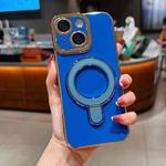 For iPhone 15 Plus Charm Eye Electroplating Metal Holder Phone Case(Blue)