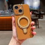 For iPhone 15 Plus Charm Eye Electroplating Metal Holder Phone Case(Brown)