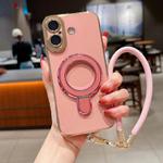 For iPhone 16 Plus Charm Eye Electroplating Metal Holder Phone Case with Lanyard(Pink)