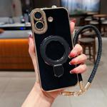For iPhone 16 Plus Charm Eye Electroplating Metal Holder Phone Case with Lanyard(Black)