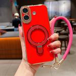 For iPhone 16 Charm Eye Electroplating Metal Holder Phone Case with Lanyard(Red)