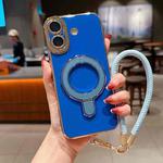 For iPhone 16 Charm Eye Electroplating Metal Holder Phone Case with Lanyard(Blue)