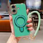 For iPhone 16 Charm Eye Electroplating Metal Holder Phone Case with Lanyard(Green)
