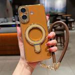 For iPhone 16 Charm Eye Electroplating Metal Holder Phone Case with Lanyard(Brown)