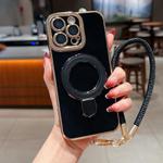 For iPhone 15 Pro Charm Eye Electroplating Metal Holder Phone Case with Lanyard(Black)