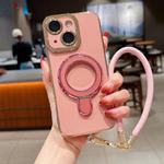 For iPhone 15 Plus Charm Eye Electroplating Metal Holder Phone Case with Lanyard(Pink)