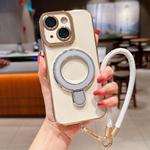 For iPhone 15 Plus Charm Eye Electroplating Metal Holder Phone Case with Lanyard(Silver)