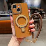 For iPhone 15 Charm Eye Electroplating Metal Holder Phone Case with Lanyard(Brown)