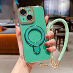 For iPhone 14 Plus Charm Eye Electroplating Metal Holder Phone Case with Lanyard(Green)