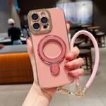 For iPhone 13 Pro Max Charm Eye Electroplating Metal Holder Phone Case with Lanyard(Pink)