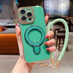 For iPhone 13 Pro Max Charm Eye Electroplating Metal Holder Phone Case with Lanyard(Green)