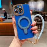 For iPhone 13 Pro Charm Eye Electroplating Metal Holder Phone Case with Lanyard(Blue)