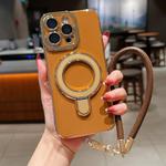 For iPhone 13 Pro Charm Eye Electroplating Metal Holder Phone Case with Lanyard(Brown)