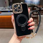 For iPhone 12 Pro Max Charm Eye Electroplating Metal Holder Phone Case with Lanyard(Black)