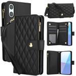 For Sony Xperia 10 VI YM016 Rhombic Zipper Card Wallet Leather Phone Case with Lanyard(Black)
