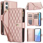 For Sony Xperia 10 VI YM016 Rhombic Zipper Card Wallet Leather Phone Case with Lanyard(Rose Gold)
