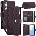 For Sony Xperia 10 VI YM016 Rhombic Zipper Card Wallet Leather Phone Case with Lanyard(Dark Purple)