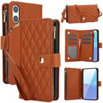 For Sony Xperia 10 VI YM016 Rhombic Zipper Card Wallet Leather Phone Case with Lanyard(Brown)