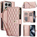 For Xiaomi 14T 5G YM016 Rhombic Zipper Card Wallet Leather Phone Case with Lanyard(Rose Gold)