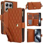 For Xiaomi 14T 5G YM016 Rhombic Zipper Card Wallet Leather Phone Case with Lanyard(Brown)