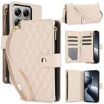 For Xiaomi 14T Pro 5G YM016 Rhombic Zipper Card Wallet Leather Phone Case with Lanyard(Apricot)