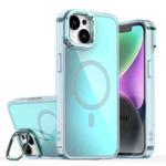 For iPhone 15 Plating Gradient Discolor MagSafe Phone Case with Holder(Blue)