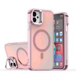 For iPhone 11 Plating Gradient Discolor MagSafe Phone Case with Holder(Pink)